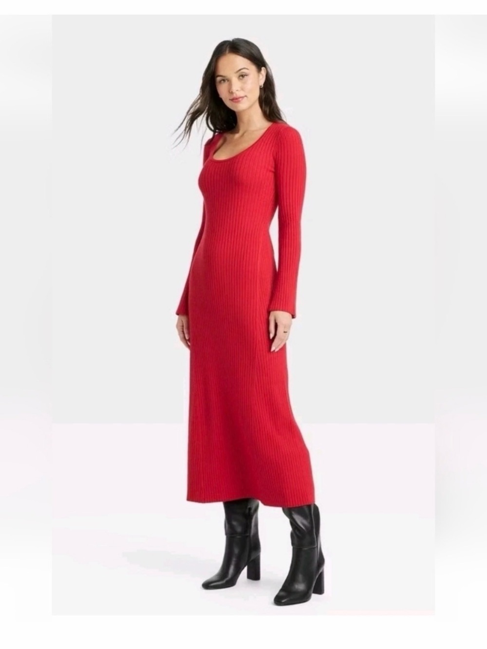 A NEW DAY Red Ribbed Long-Sleeve Knit Maxi Dress